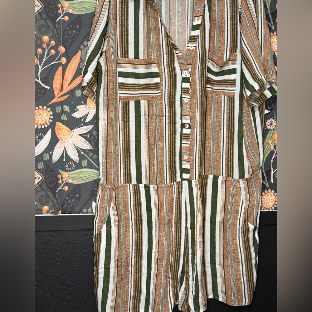 Striped Green and Brown Button-Up romper
